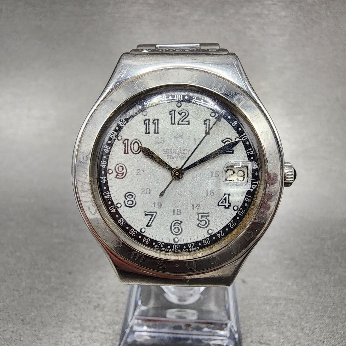Swatch Irony Happy Joe Watch Men 37mm Gray Dial Steel Date Round New Battery0