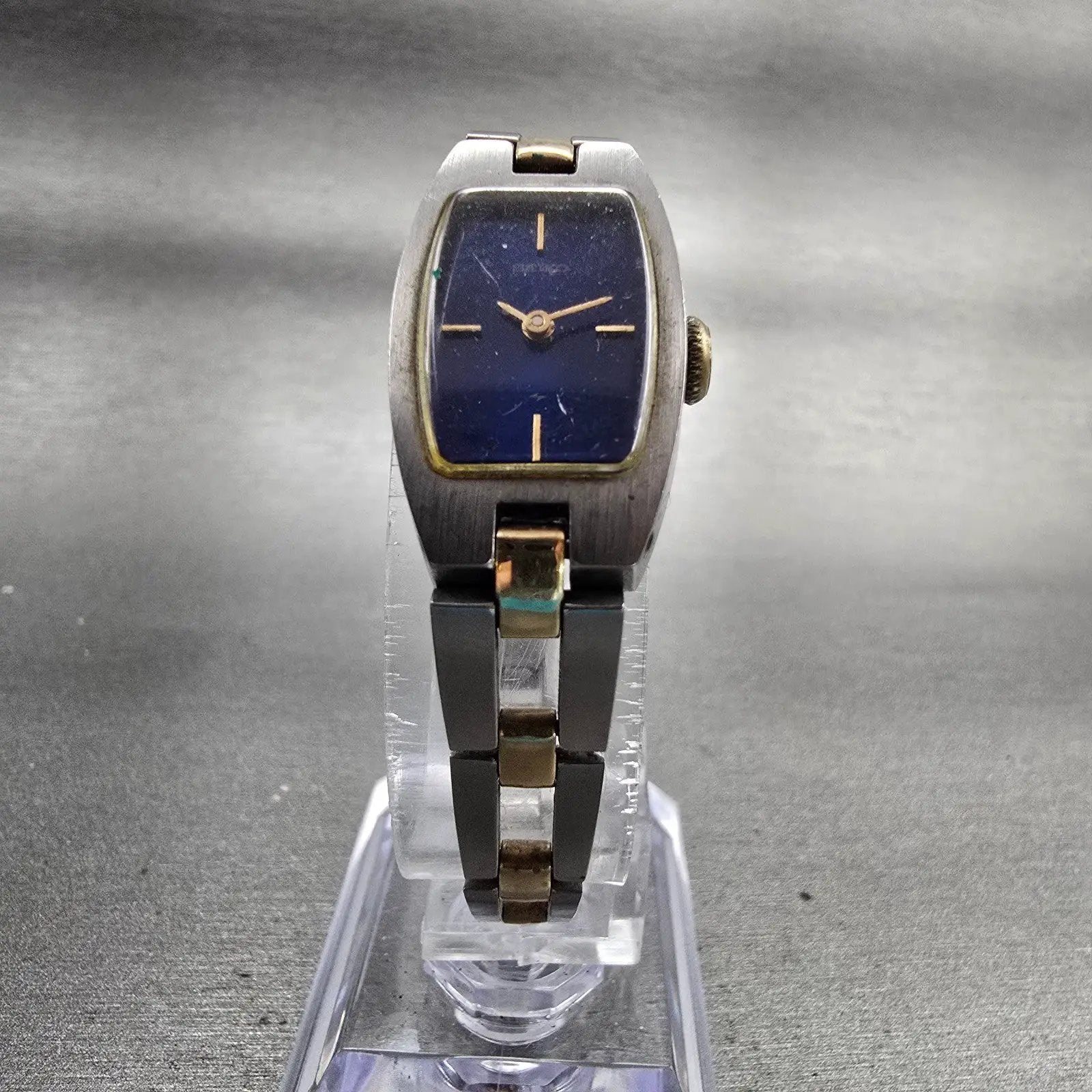 Seiko Watch Women 16mm Blue Dial Two Tone Rectangle Manual Wind 11-7509 Runs VTG5