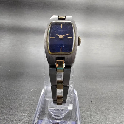 Seiko Watch Women 16mm Blue Dial Two Tone Rectangle Manual Wind 11-7509 Runs VTG5