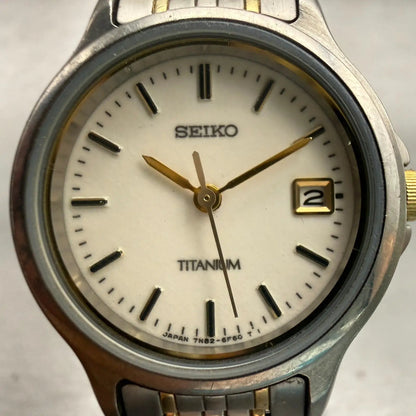 Seiko Titanium Watch Women 26mm White Dial Date Round 7N82-6D80 New Battery1