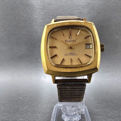 Elgin Automatic Watch Men 33mm Gold Dial Gold Tone Date Rectangle Eta 2873 PARTS6