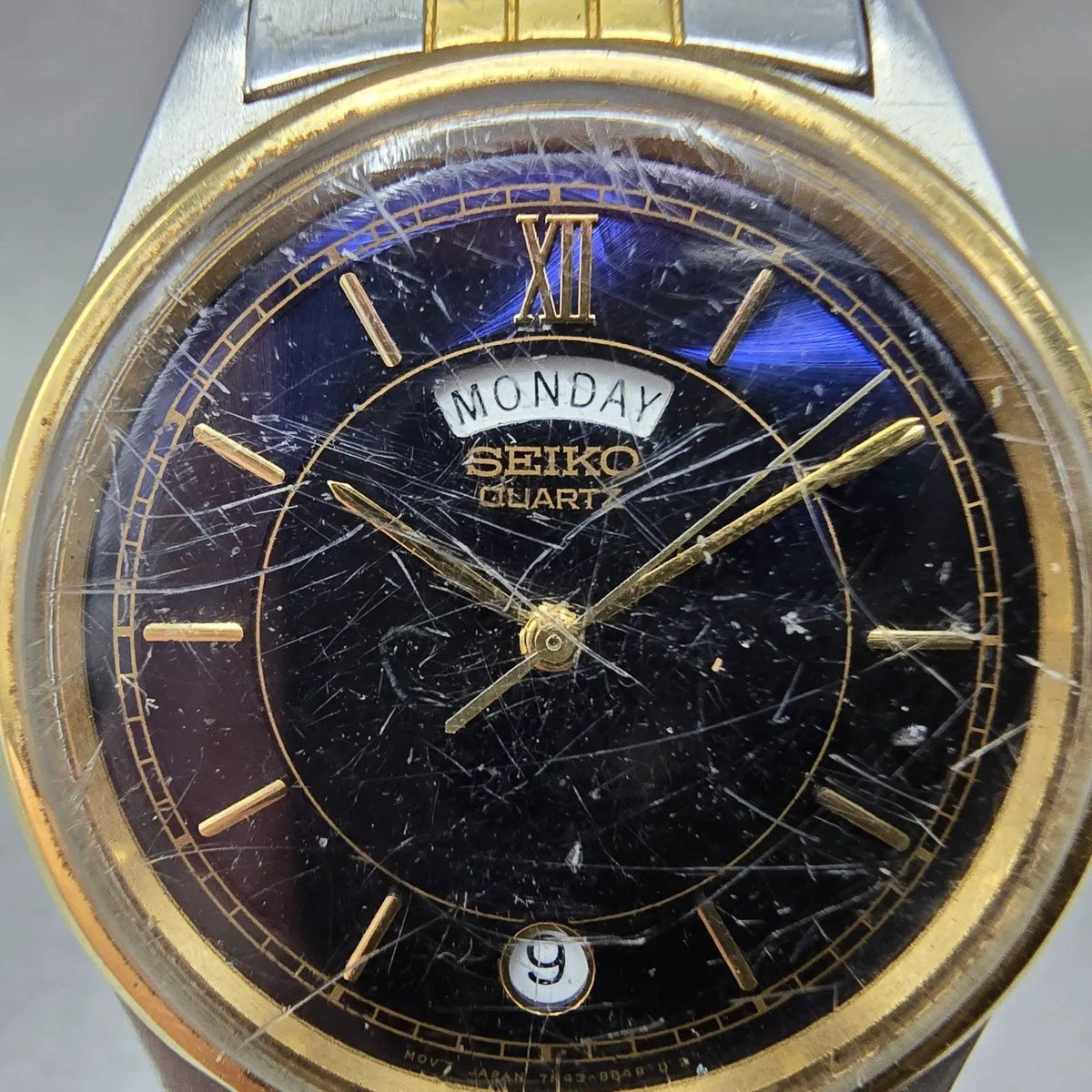 Seiko Watch Men 35mm Blue Dial Two Tone Daydate Round 7N43-8A39 VTG PARTS2