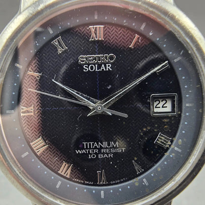 Seiko Solar Watch Men 35mm Black Dial Titanium Date Round 5K22-0A20 Runs1