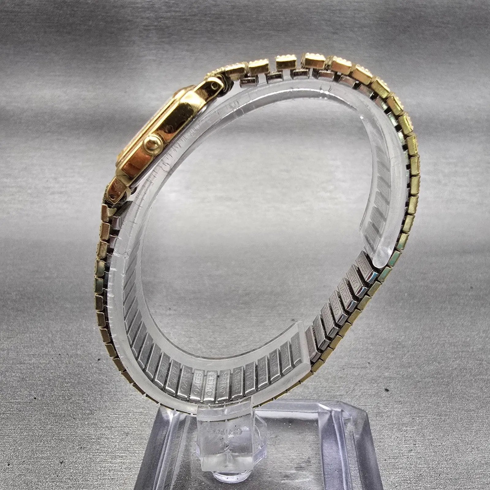 Seiko Watch Women 17mm Gold Dial Gold Tone Rectangle 1N00-5K29 New Battery VTG F6