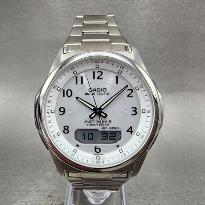 Casio Wave Ceptor Watch Men 42mm White Dial Steel Solar Analog Digital Works0