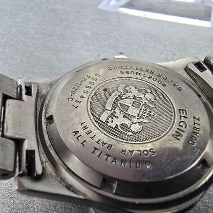 Elgin Solar Watch Men 37mm Black Dial Titanium Date Round FK-1128 NO CROWN PARTS10