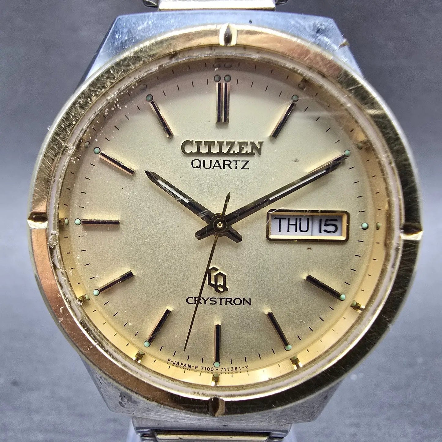 Citizen CQ Crystron Watch Men 37mm Champagne Dial Two Tone Daydate 4-732570 PART3