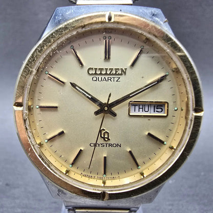 Citizen CQ Crystron Watch Men 37mm Champagne Dial Two Tone Daydate 4-732570 PART3