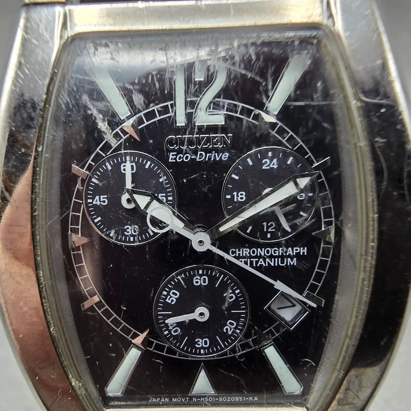 Citizen Eco-Drive Chronograph Watch Men 32mm Black Dial Titanium Date Runs KJKR1