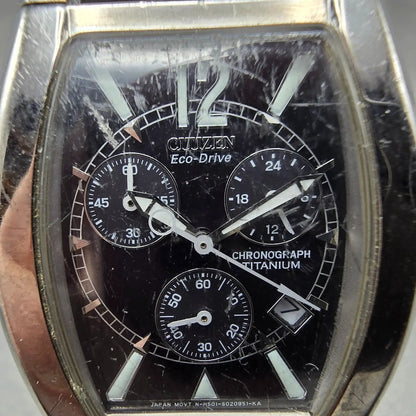 Citizen Eco-Drive Chronograph Watch Men 32mm Black Dial Titanium Date Runs KJKR1