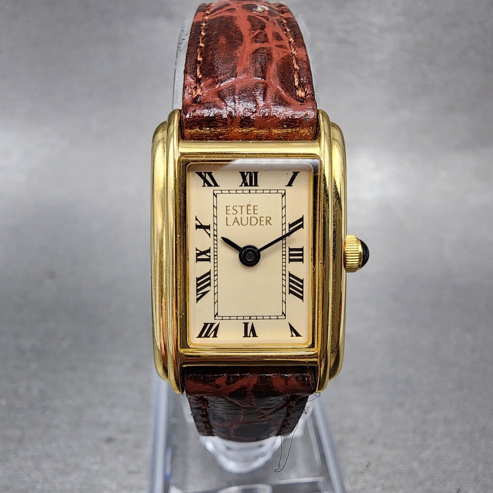 Estee Lauder Tank Watch Women 18mm cream Dial Gold Tone Rectangle New Battery0