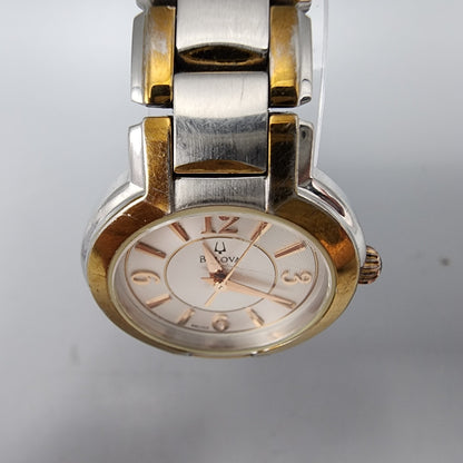 Bulova Watch Women Two Tone Silver Dial 27mm Round 98L153 New Battery 6"