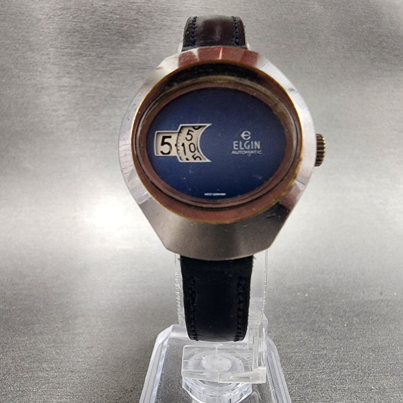 Elgin Jump Hour Automatic Watch Women 28mm Blue Dial Steel Vintage PARTS6