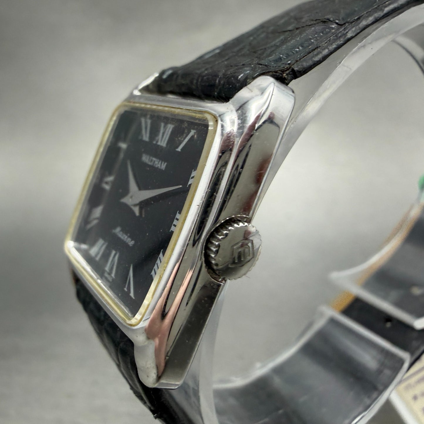Waltham Maxine Tank Watch Women 24mm Black Dial Silver Tone Manual Wind Runs VTG2
