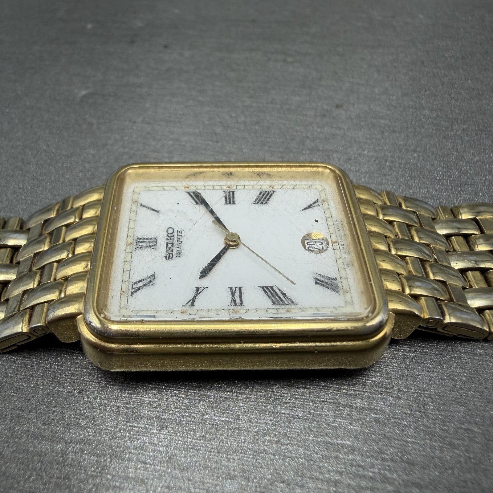Seiko Tank Watch Men 26mm White Dial Gold Tone Date 7N225A10 New Battery READ!!5