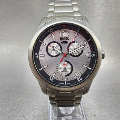 Roots Watch Men 39mm Silver Dial Silver Tone Daydate Pacific Rim New Battery0