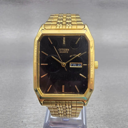 Citizen Watch Men 27mm Black Dial Gold Tone Daydate 6000-S36726 New Battery VTG0