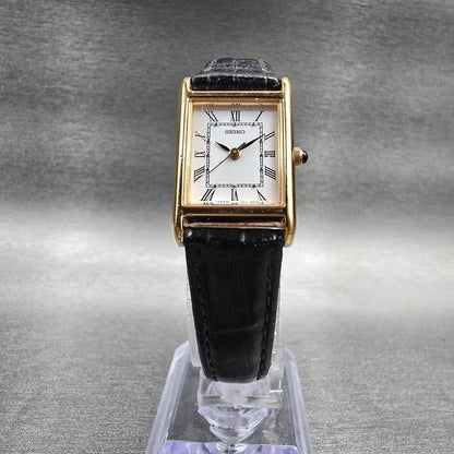 Seiko Tank Watch Women 18mm White Dial Gold Tone Rectangle 1N01-0LK0 New Batt JP5