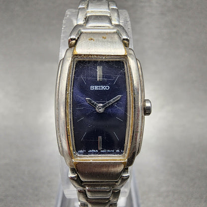 VTG Seiko Watch Women 16mm Blue Dial Silver Tone Rectangle 1N00-0GA0 New Battery