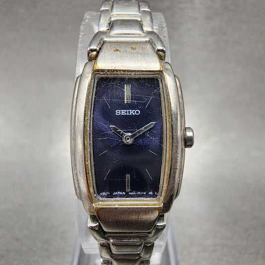 VTG Seiko Watch Women 16mm Blue Dial Silver Tone Rectangle 1N00-0GA0 New Battery