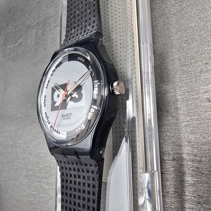 Swatch Nüni Watch Men 34mm Silver Dial Black Tone Round GM108 New Battery NOS4