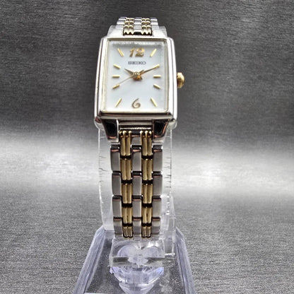 Seiko Tank Watch Women 16mm White Dial Two Tone Rectangle 1N01-0FH0 New Battery75