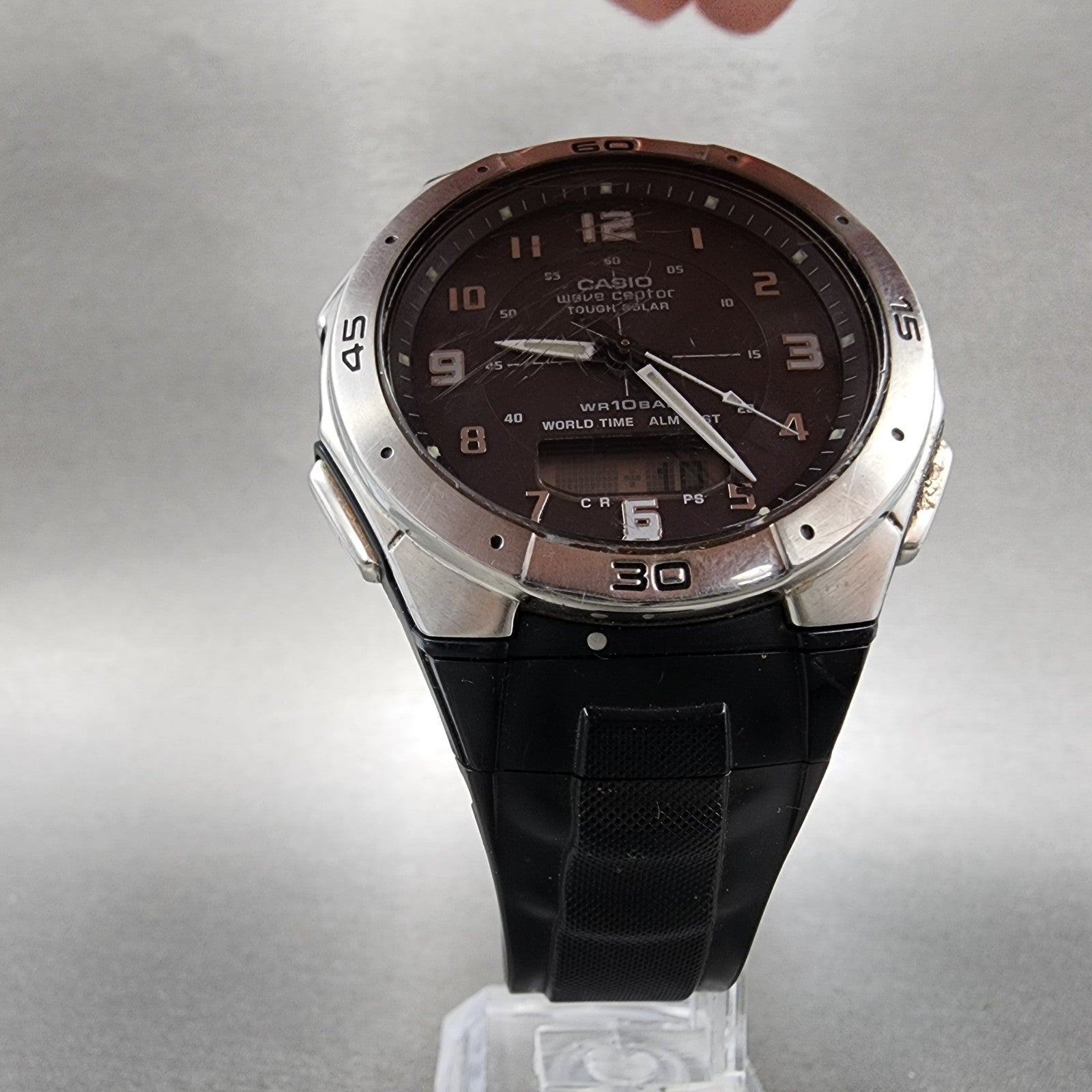 Casio Wave Ceptor Watch Men 42mm Black Dial Silver Tone Analog Digital Solar B125