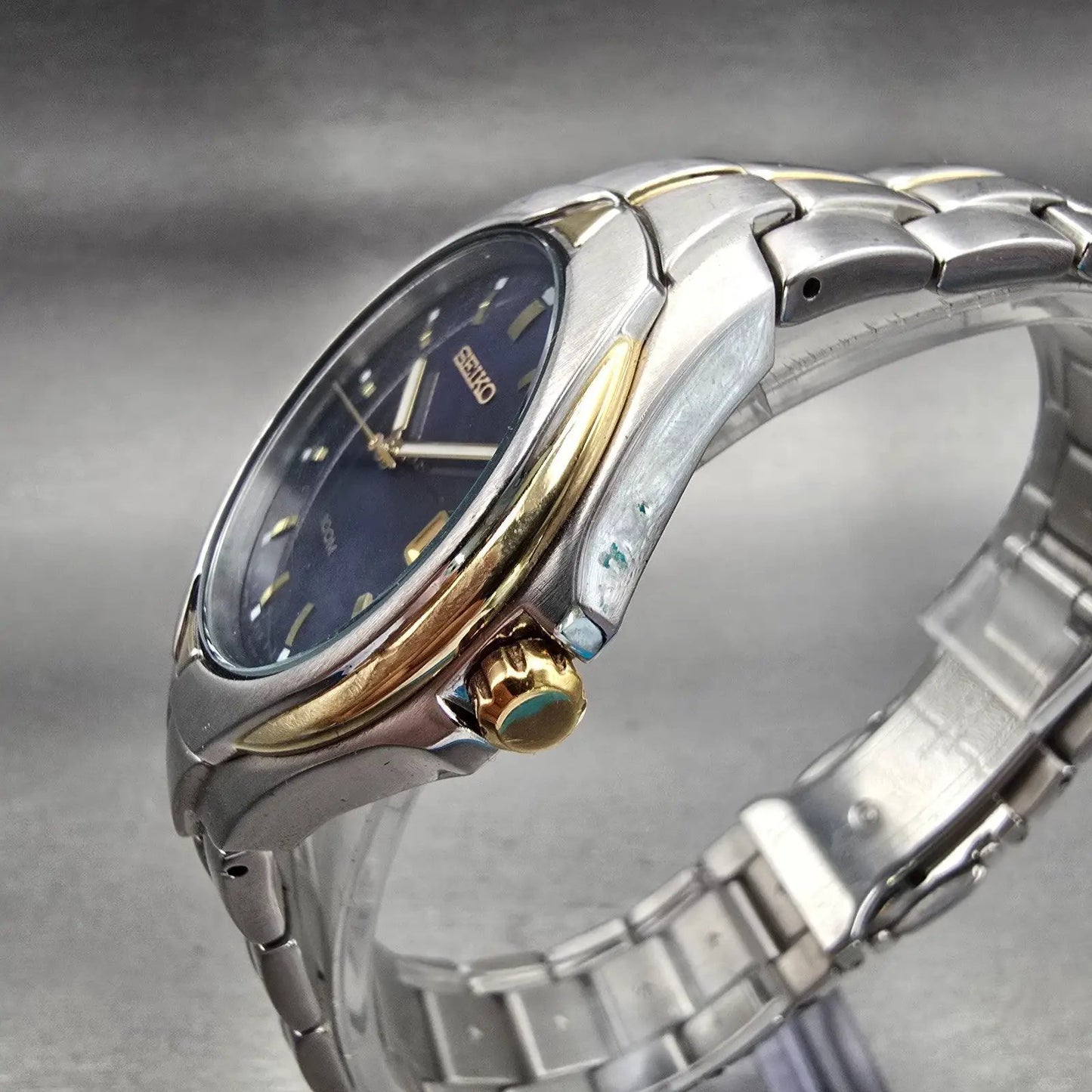 Seiko Watch Men 37mm Blue Dial Two Tone Date Round 7N42-0BC0 New Battery Vintage2