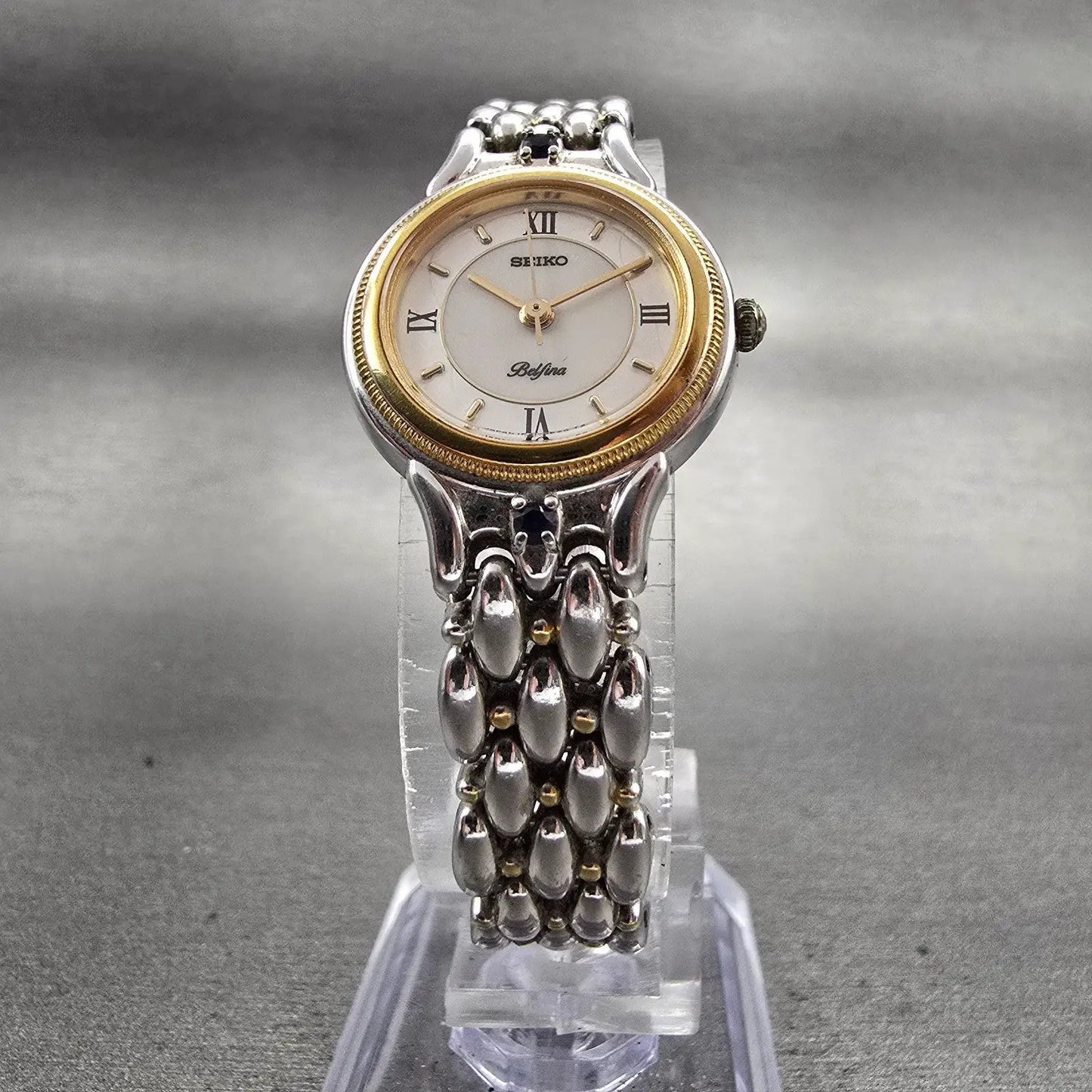 Seiko Belfina Watch Women 21mm MOP Dial Two Tone Gemmed Round 1F21-0C70 New Batt5
