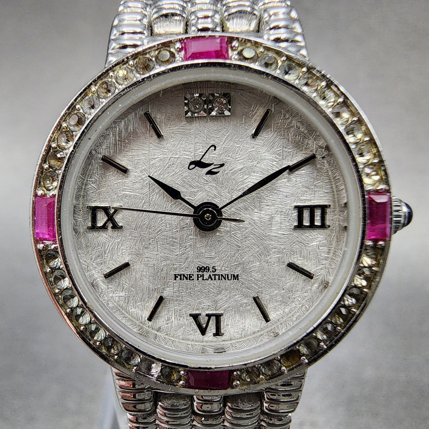 LZ Watch Women 25mm White Dial Silver Tone Ruby Bezel Diamonds Fine Plat New Bat1