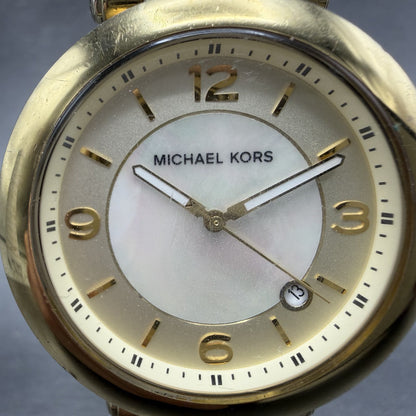 Michael Kors Watch Women 39mm MOP Dial Gold Tone Date Round MK-5071 New Batt1