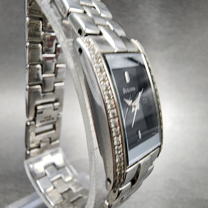 Bulova Tank Watch Women 18mm Black Dial Steel Crystals Rectangle New Battery