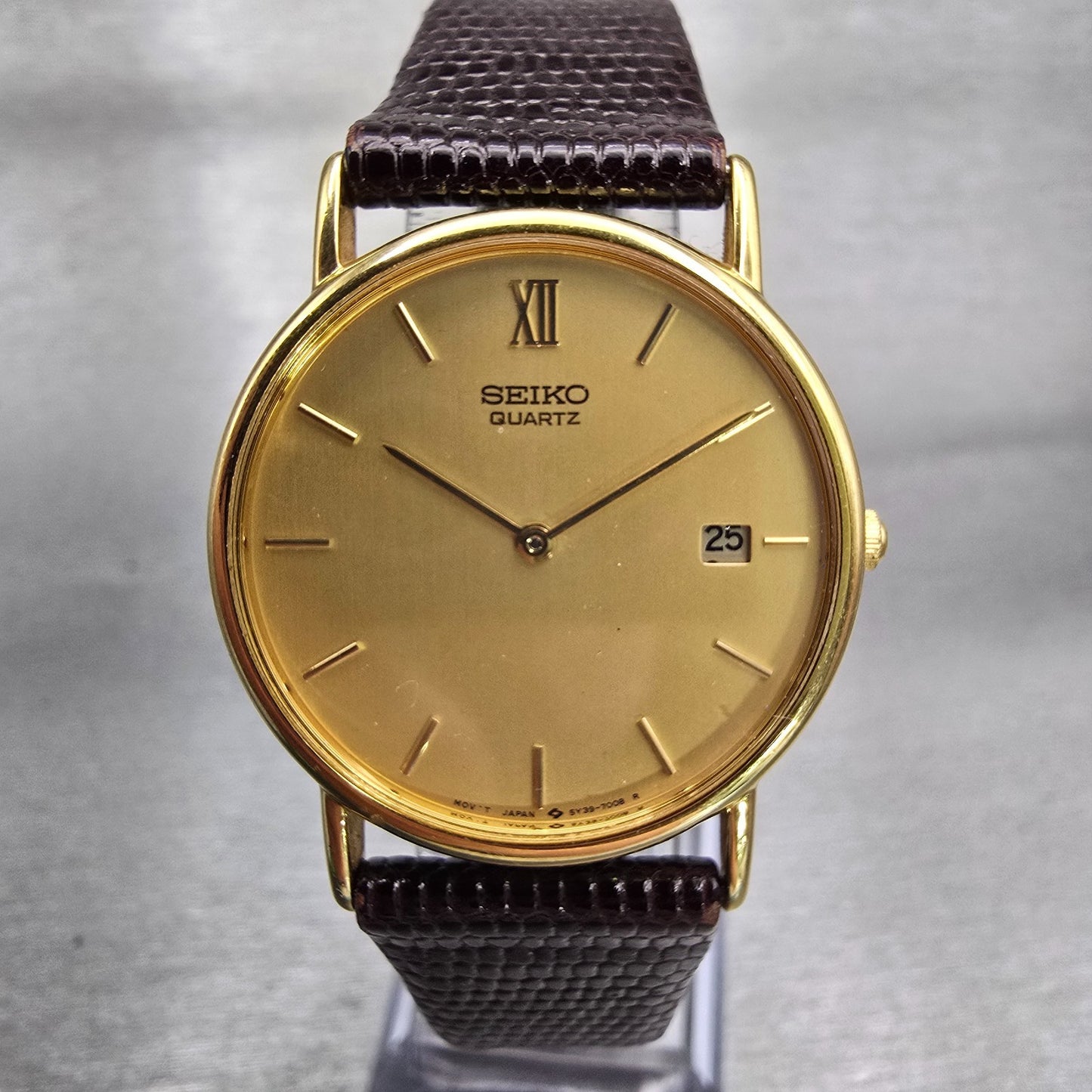 Seiko Watch Men 32mm Gold Dial Gold Tone Date Round 5Y39-7010 New Battery VTG0