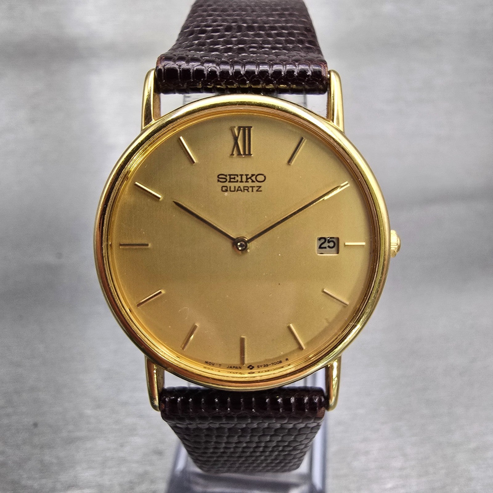 Seiko Watch Men 32mm Gold Dial Gold Tone Date Round 5Y39-7010 New Battery VTG0