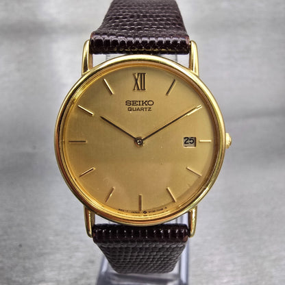 Seiko Watch Men 32mm Gold Dial Gold Tone Date Round 5Y39-7010 New Battery VTG0
