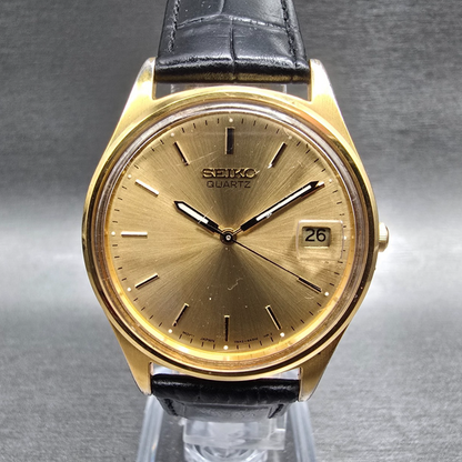 Seiko Watch Men 35mm Gold Dial Gold Tone Date Round 7N42-8A39 New Battery0