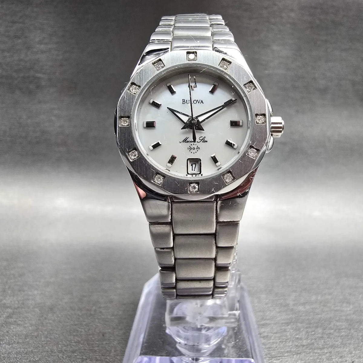 Bulova Marine Star Watch Women 25mm MOP Dial Silver Tone Date 96R24 New Battery5
