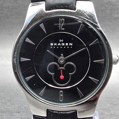Skagen Mickey Mouse Watch Women 28mm Black Dial Silver Tone D433SSLB New Battery1
