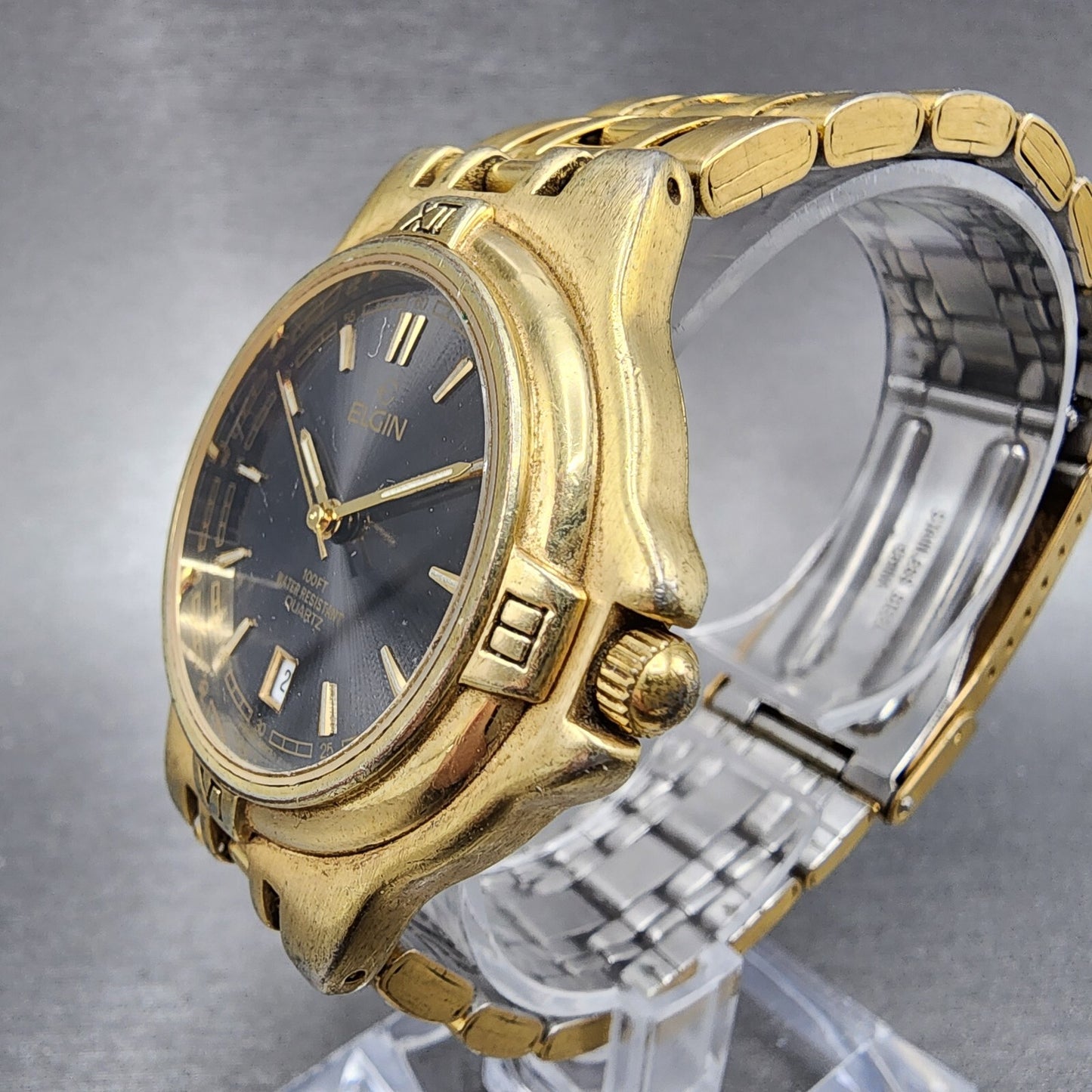 Elgin Watch Men 38mm Black Dial Gold Tone Date Round FCM004-017 New Battery