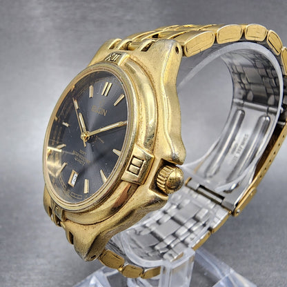 Elgin Watch Men 38mm Black Dial Gold Tone Date Round FCM004-017 New Battery