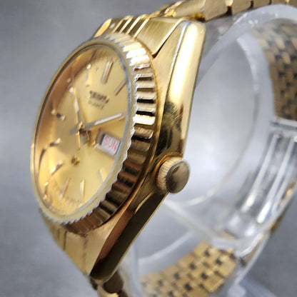 Seiko SQ Watch Women 24mm Gold Dial Gold Tone Daydate 24mm Round New Battery NBG2