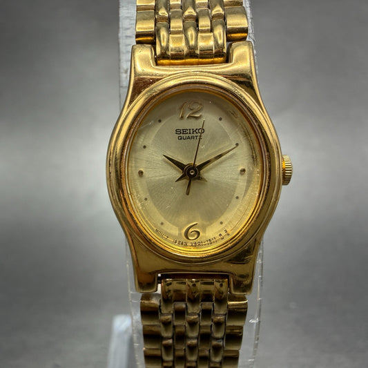 Seiko Watch Women 17mm Champagne Dial Gold Tone Oval V401-5109 New Battery VTG A0