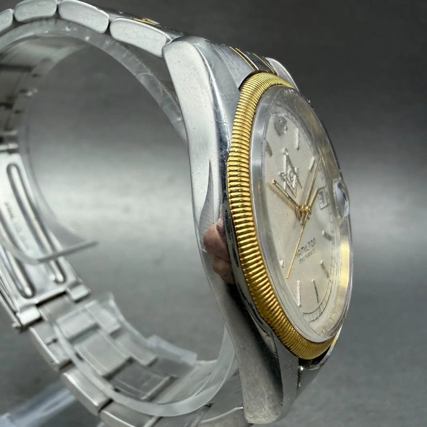 Hamilton Masterpiece Freemason Watch Men Silver Dial Two Tone Date Round New Bat3