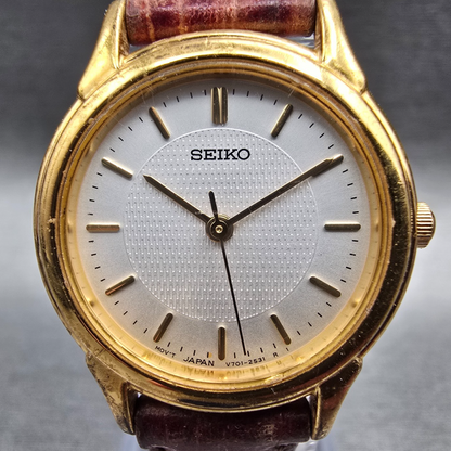 Seiko Watch Women 25mm White Dial Gold Tone Round V701-1930 New Battery VTG JP1