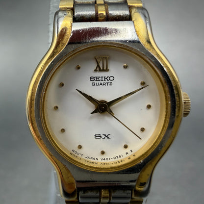 Seiko SX Watch Women 19mm White Dial Two Tone Round V401-0091 New Battery Round1