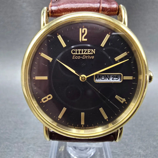 Citizen Eco-Drive Watch Men 36mm Black Dial Gold Daydate E101-S015588 Runs JP560