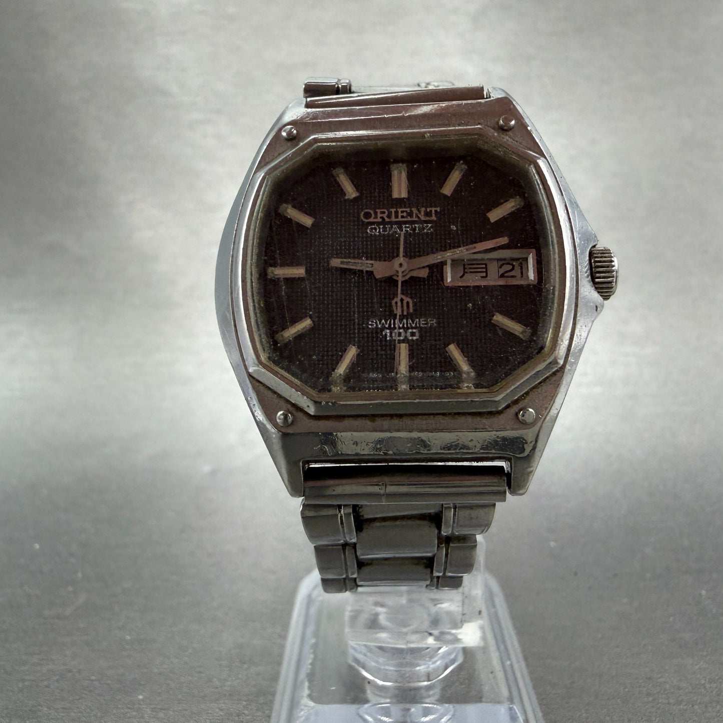 Orient Swimmer Watch Men 35mm Black Dial Silver Tone Daydate 569114-40 PARTS VTG6