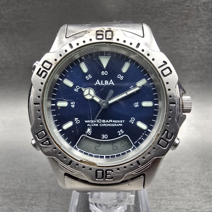 Seiko Alba Watch Men 40mm Blue Dial Silver Tone Chrono Alarm V071-0A10 New Batt0