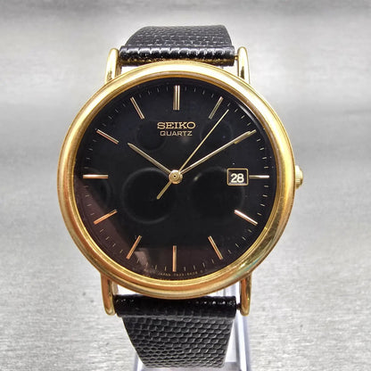 Seiko Watch Men 34mm Black Dial Gold Tone Date Round 7N22-8A09 New Battery VTG0