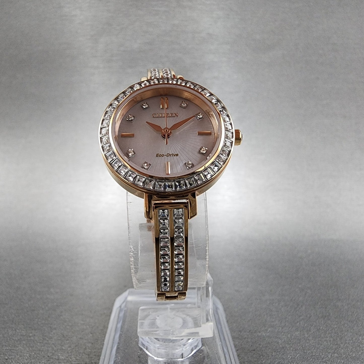 Citizen EcoDrive Silhouette Crystal Watch Women 25mm MOP Dial Rose Gold Tone BA5